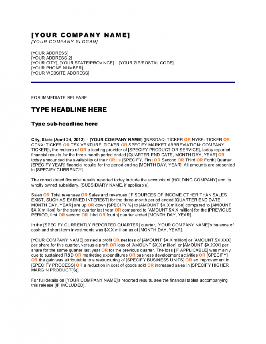 editable press release company reports quarter results template  by new website press release template doc