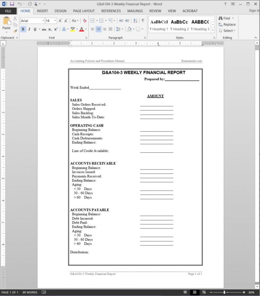 editable weekly financial report template  g&amp;amp;a1043 financial summary report template