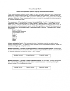 printable sample descriptions of speechlanguage assessment instruments speech therapy report template example
