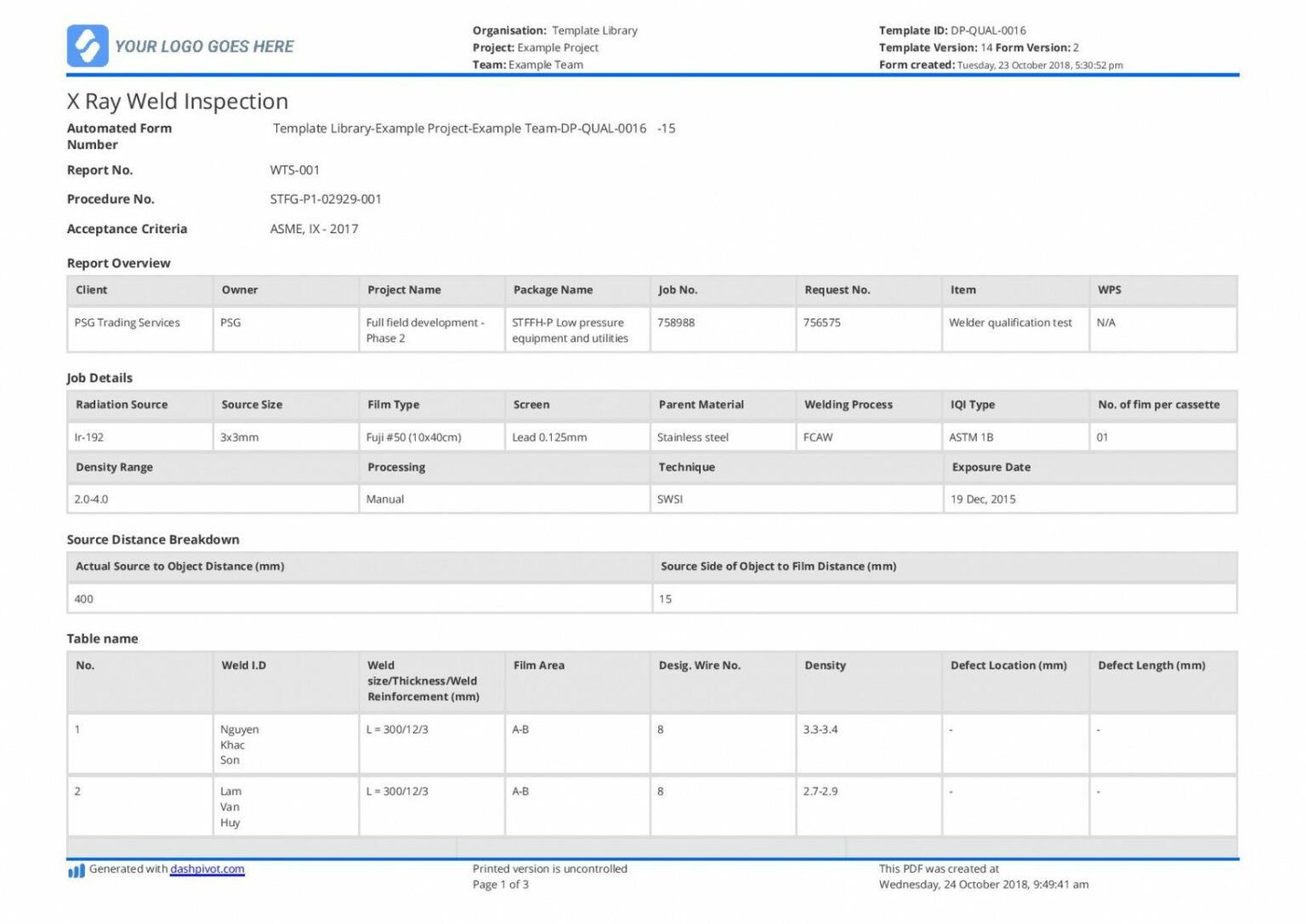 Welding Inspection Report Template