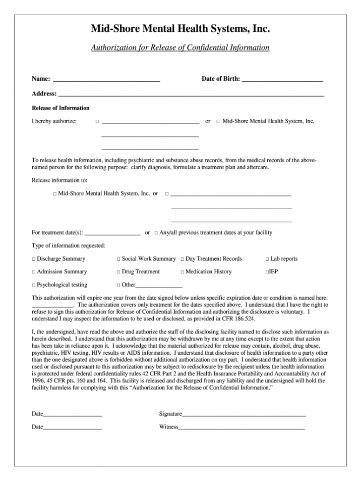 Mental Health Release Of Information Form Template