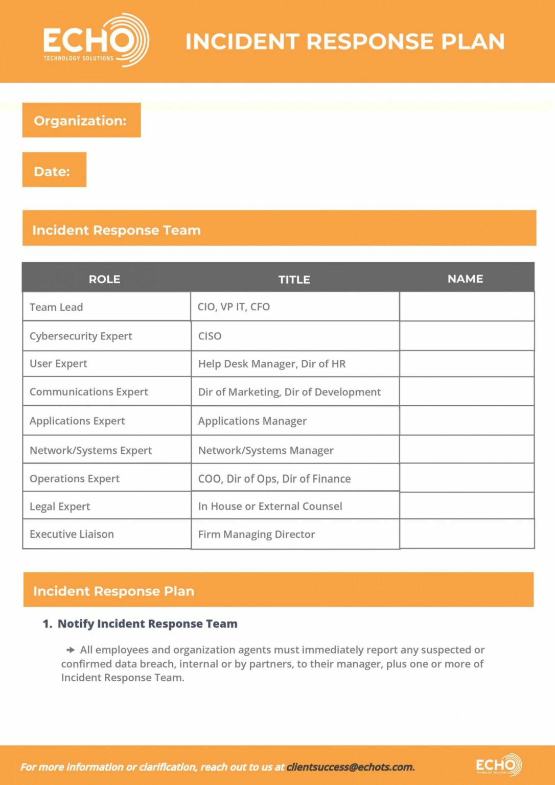 Printable Cybersecurity Incident Response Plan Template Echo Cyber