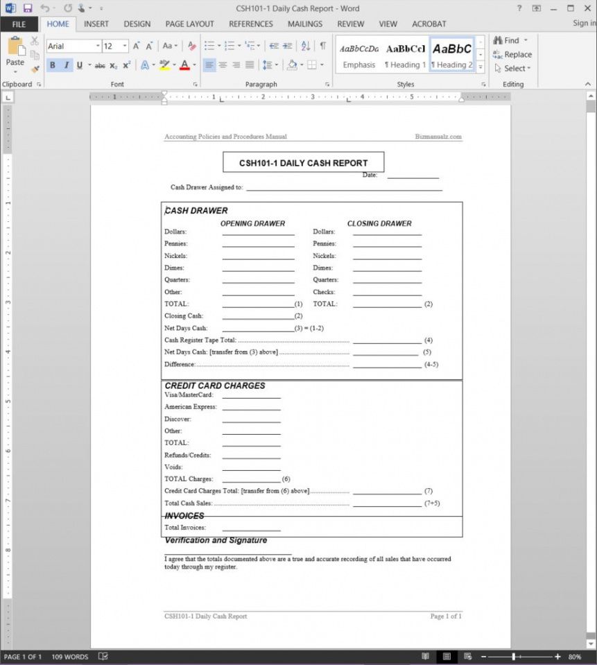 printable daily cash report template  csh1011 daily cash report template