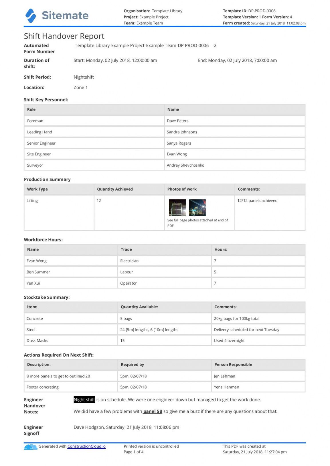 sample free construction shift handover template  download print production shift report template excel