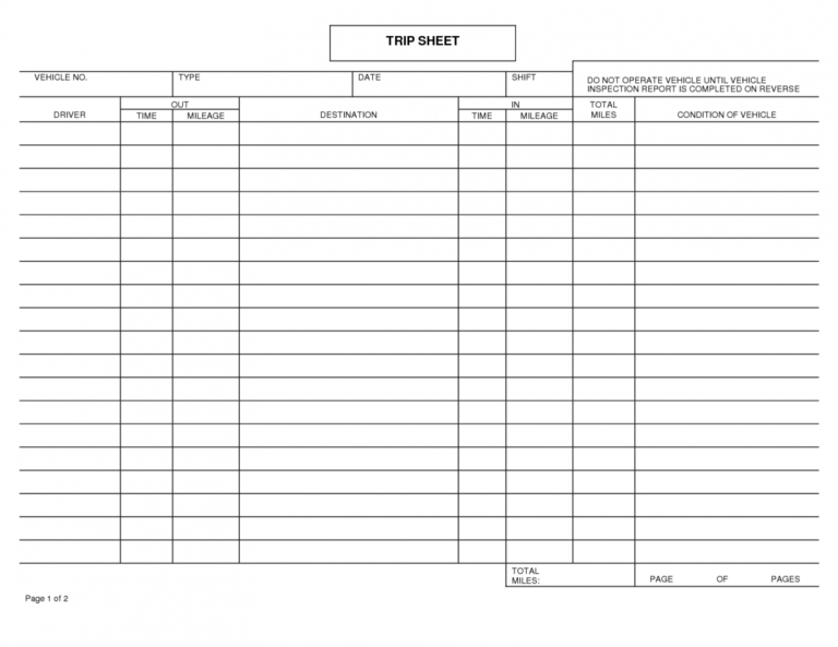 Editable 7 Best Free Printable Trip Sheets Printablee Truck Driver Trip 