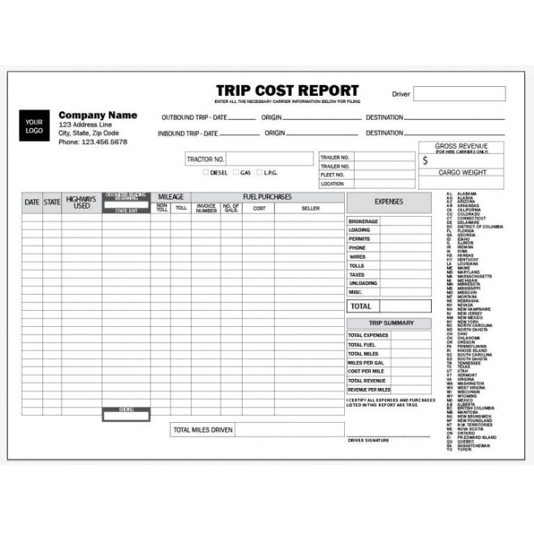 Editable Trucking Company Forms And Envelopes Custom Printing Truck Driver Trip Report Template 3450