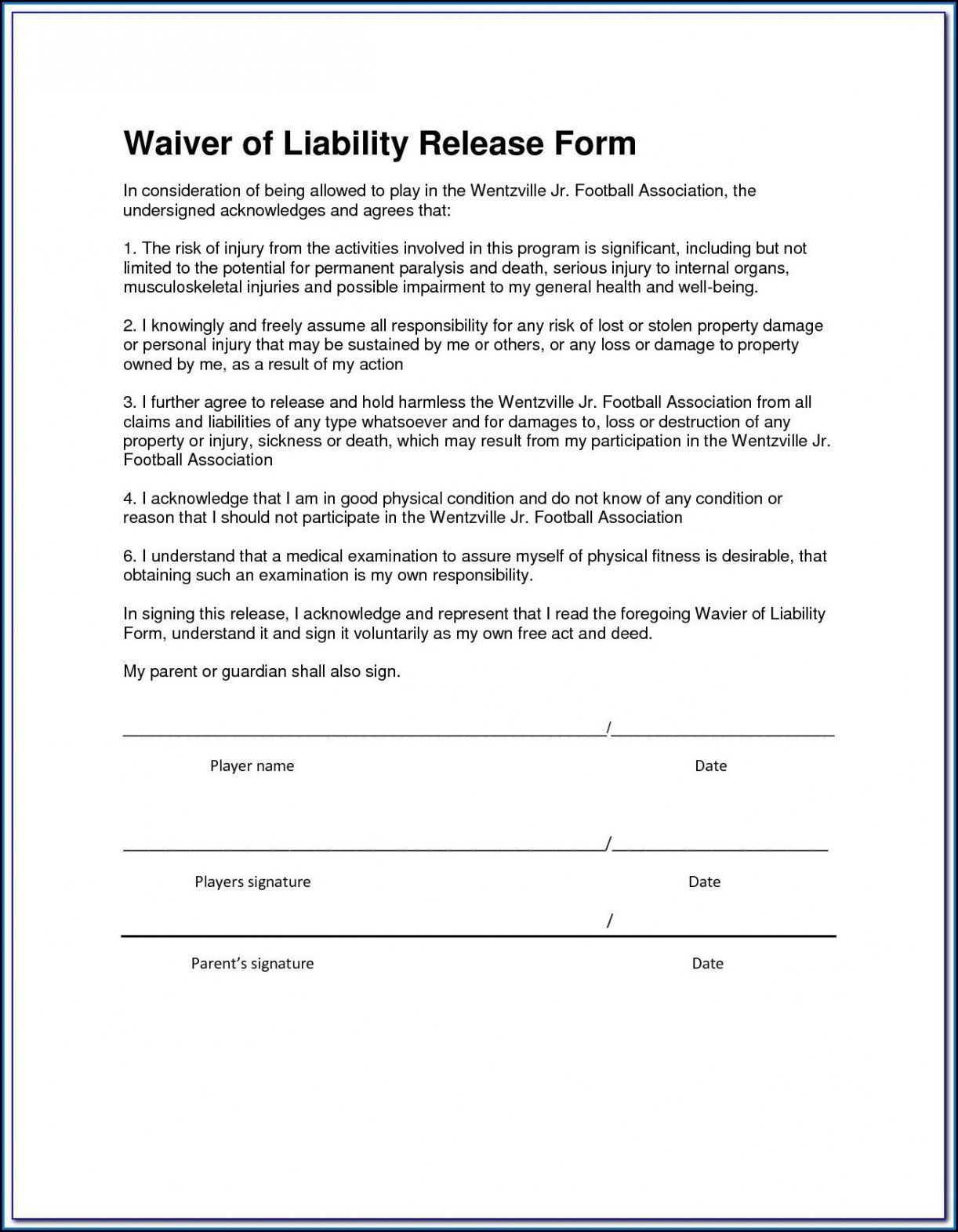 printable liability waiver form template free ~ addictionary injury liability release form template word