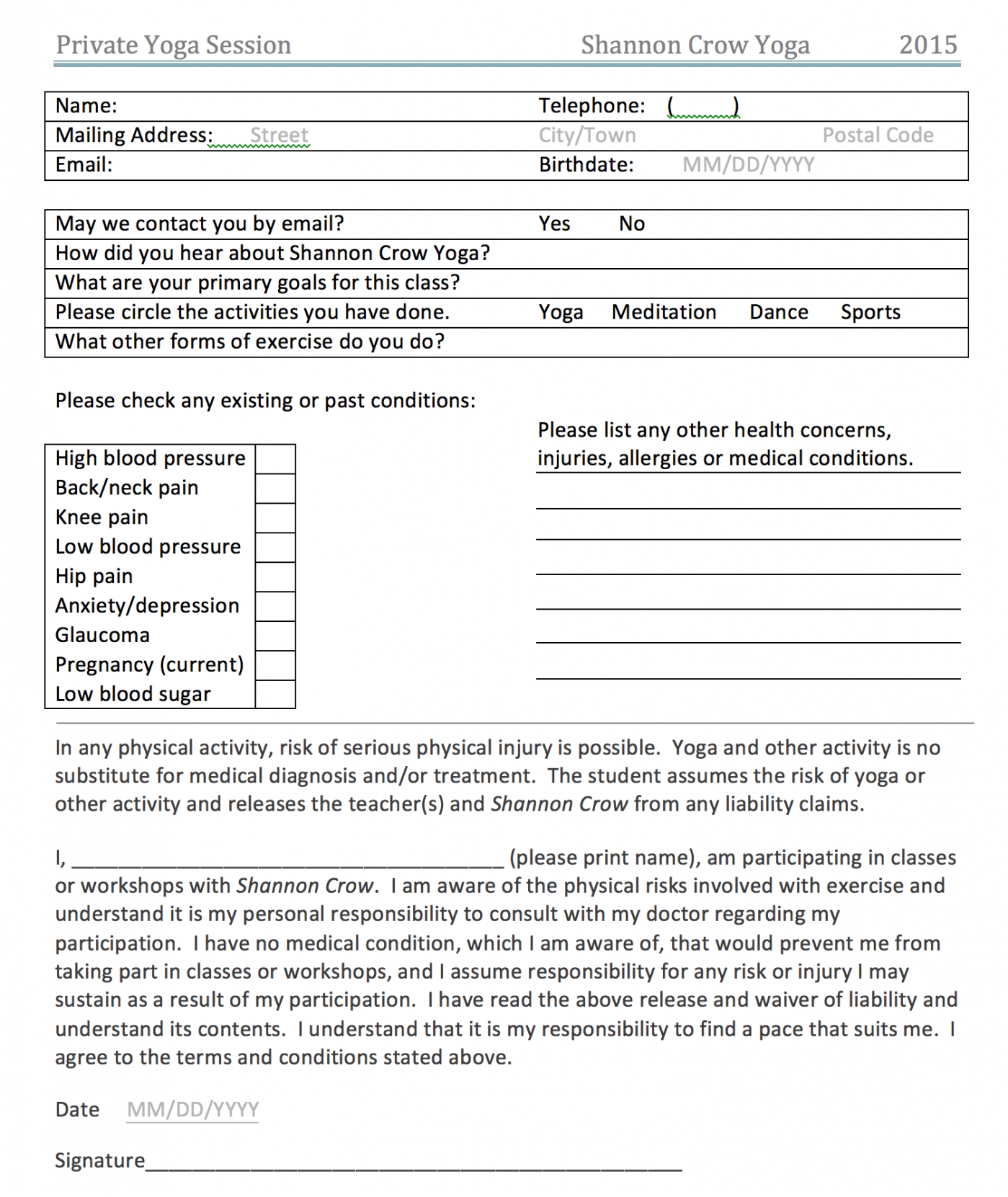 private yoga class waiver form  shannon crow yoga release form template doc