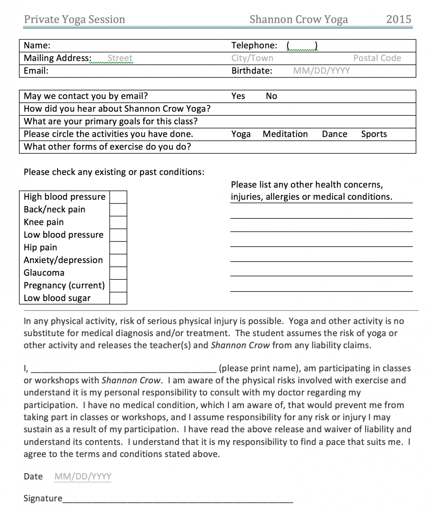 Private Yoga Class Waiver Form Shannon Crow Yoga Release Form Template