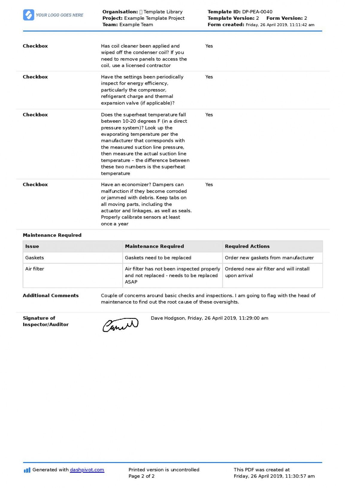 Best Hvac Inspection Report Template Excel Example