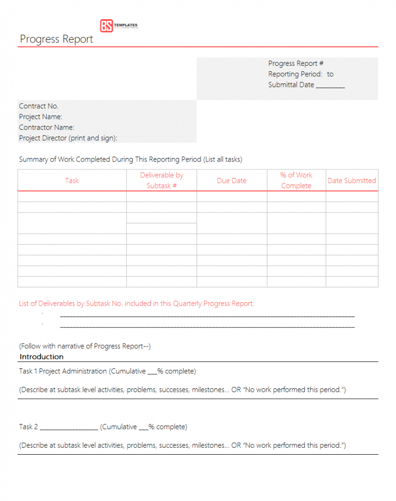 Business Progress Report Template Doc Sample