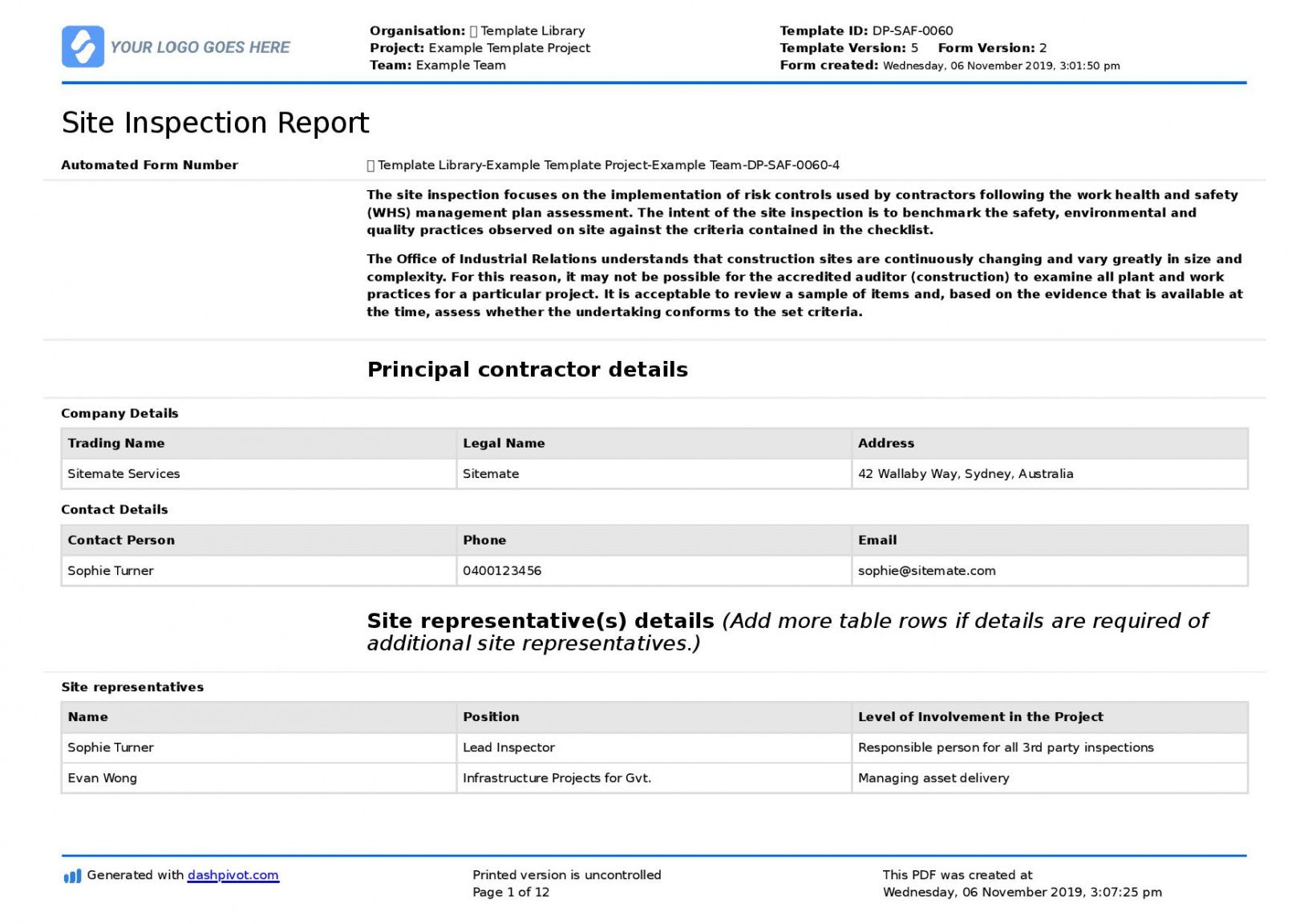 Free Project Inspection Report Template Doc Example