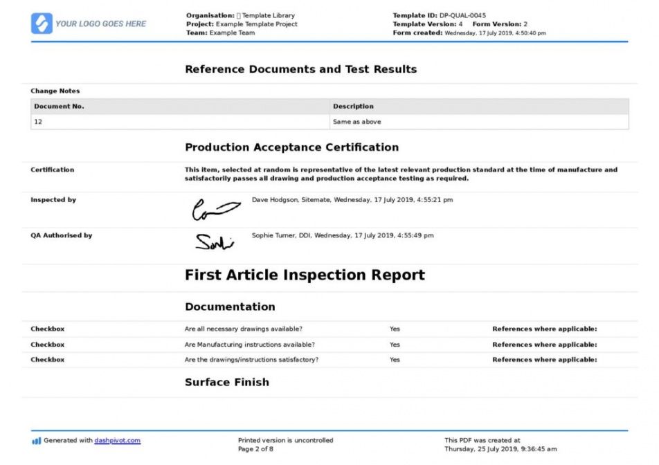 Manufacturing Inspection Report Template Pdf Example