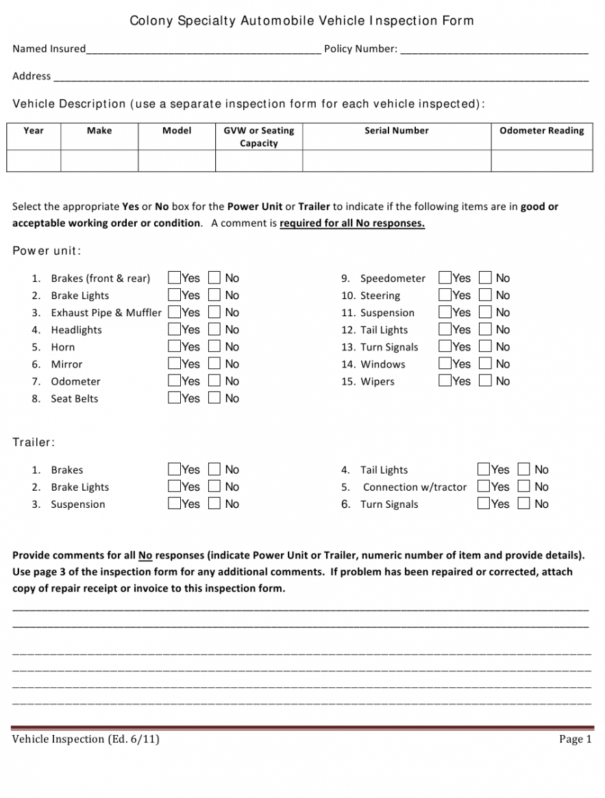 Printable Trailer Inspection Report Template Doc Sample