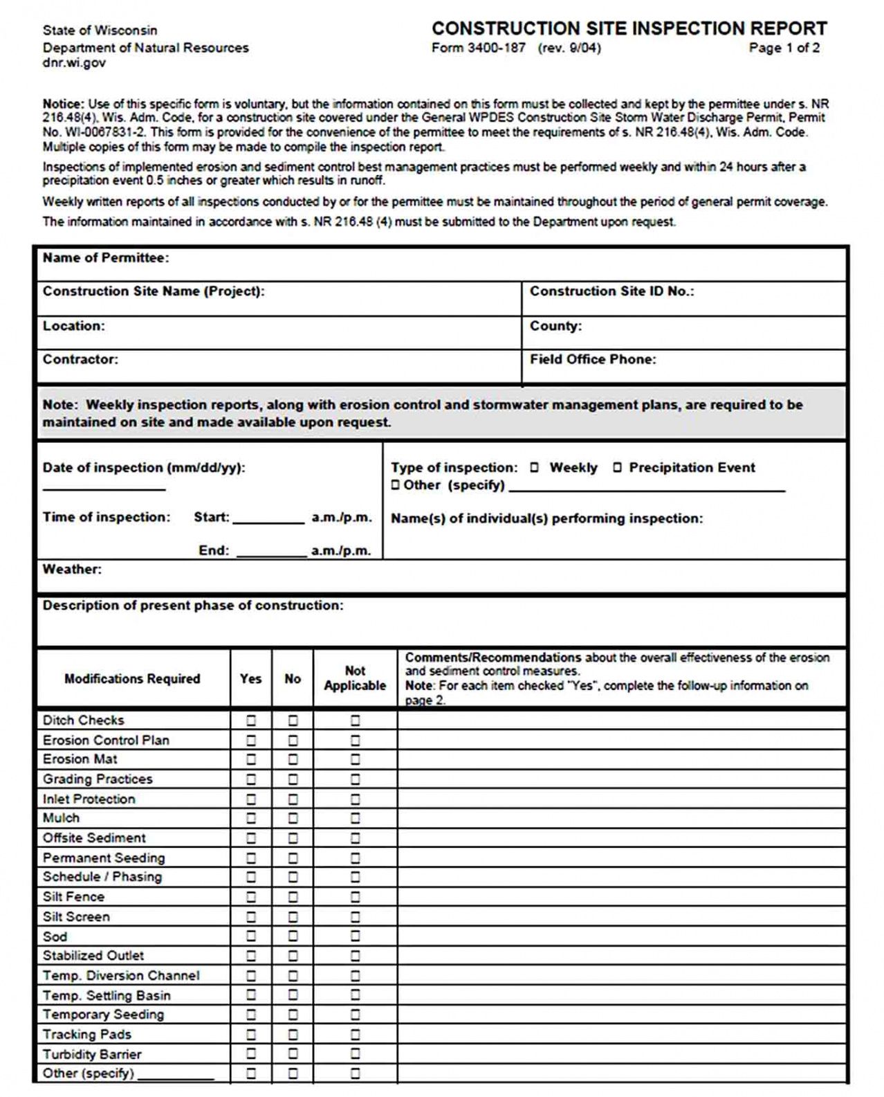 Professional Construction Site Inspection Report Template Excel Sample