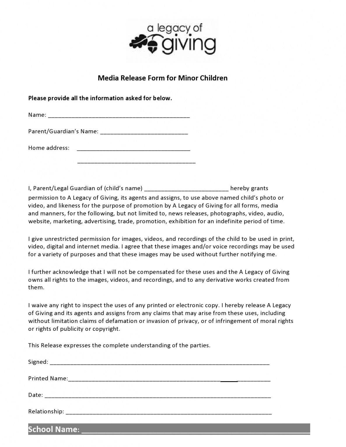 Free Website Photo Release Form Template