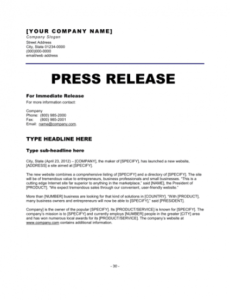 Corporate Press Release Template Pdf Sample