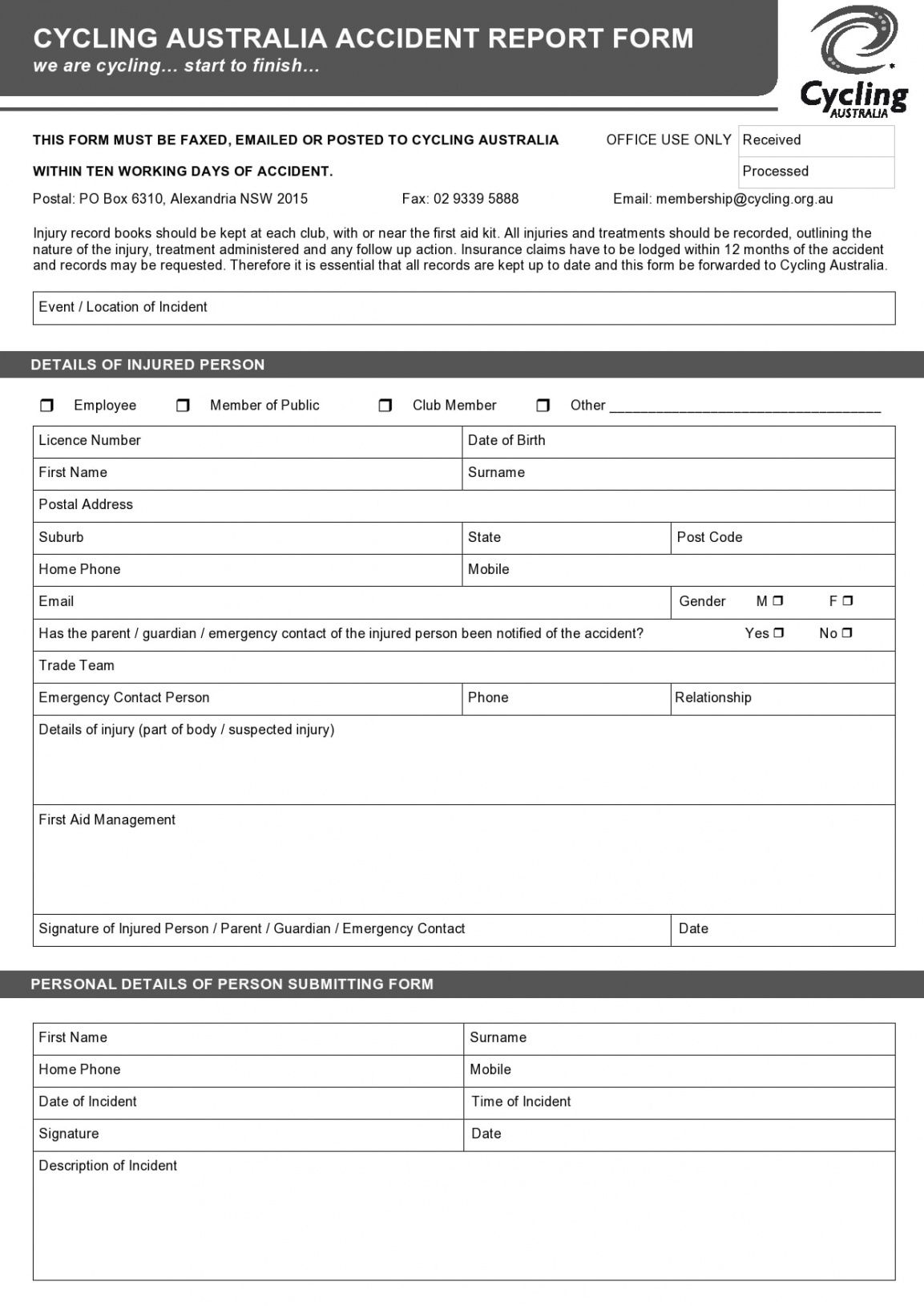 Professional Accident Injury Report Form Template  Example