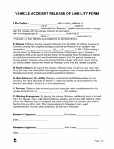 Printable Accident Liability Release Form Template Pdf Example