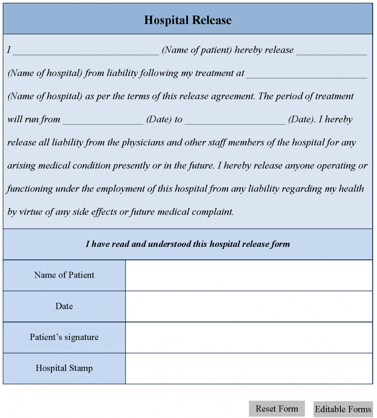 Professional Hospital Release Forms Template Word Sample