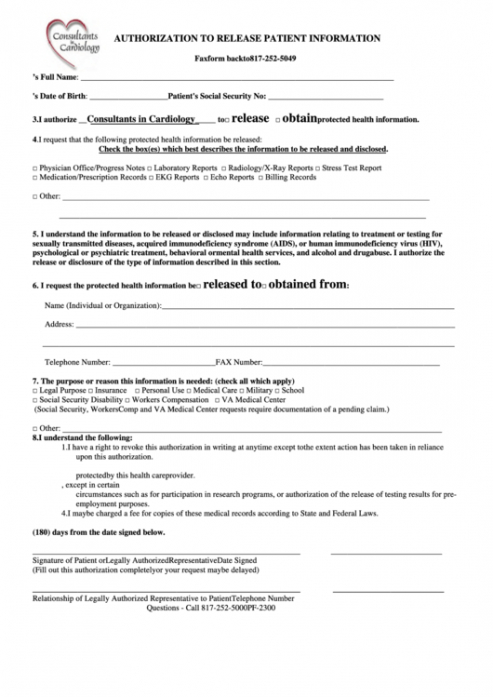 Editable Authorization For Release Of Medical Information Template Doc Example