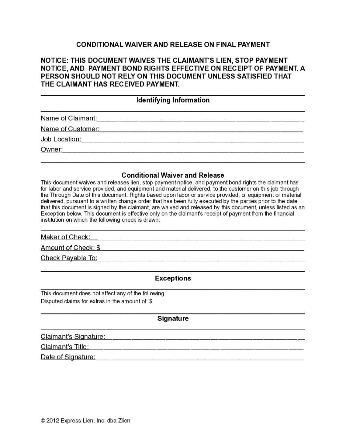 Professional Lien Release Template Word