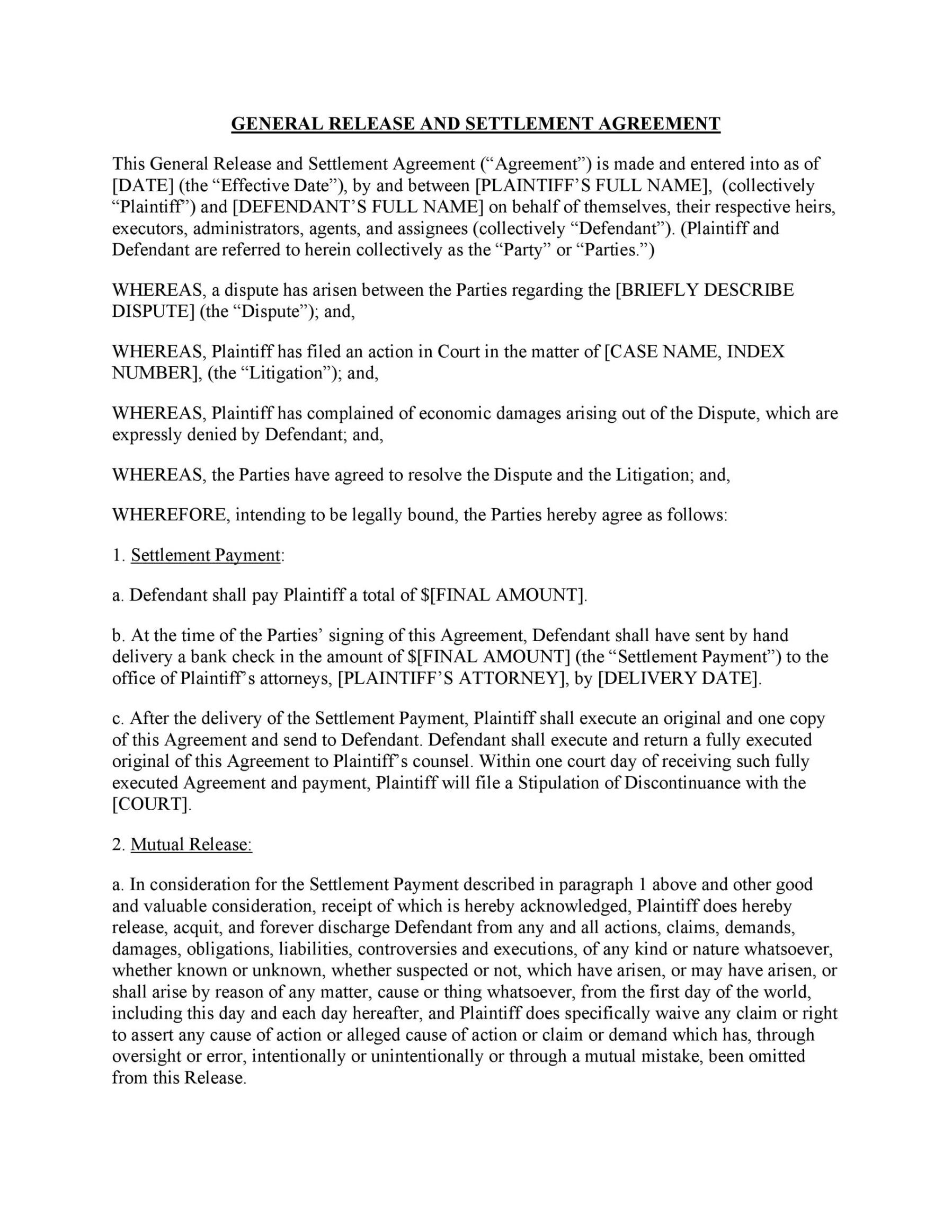 Free Settlement Agreement And Release Template Pdf