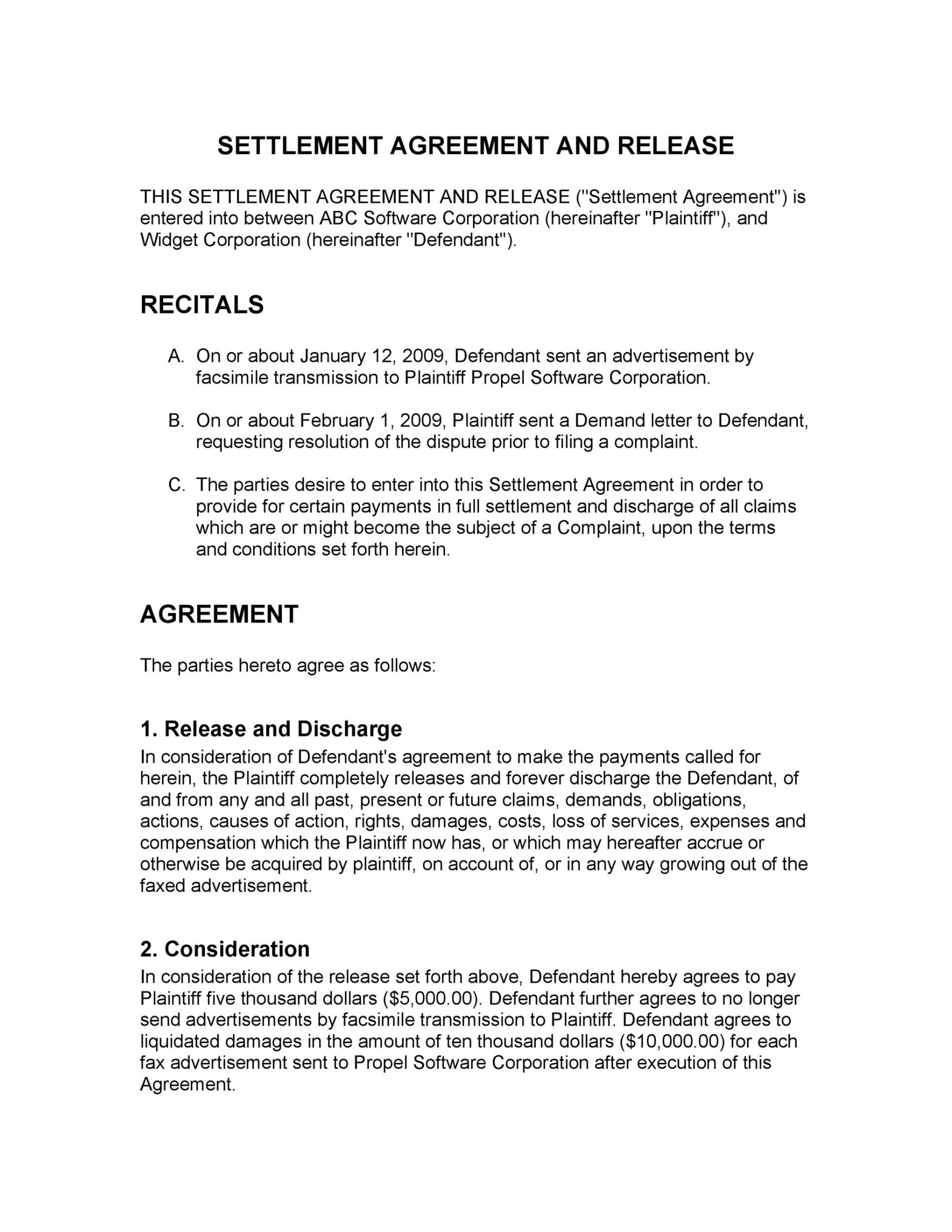 Printable Settlement Agreement And Release Template Excel