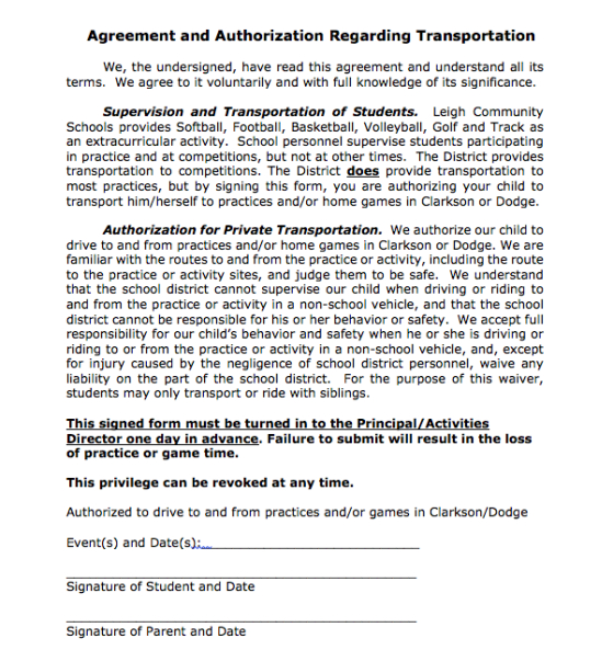 Printable Transportation Release Form Template  Sample