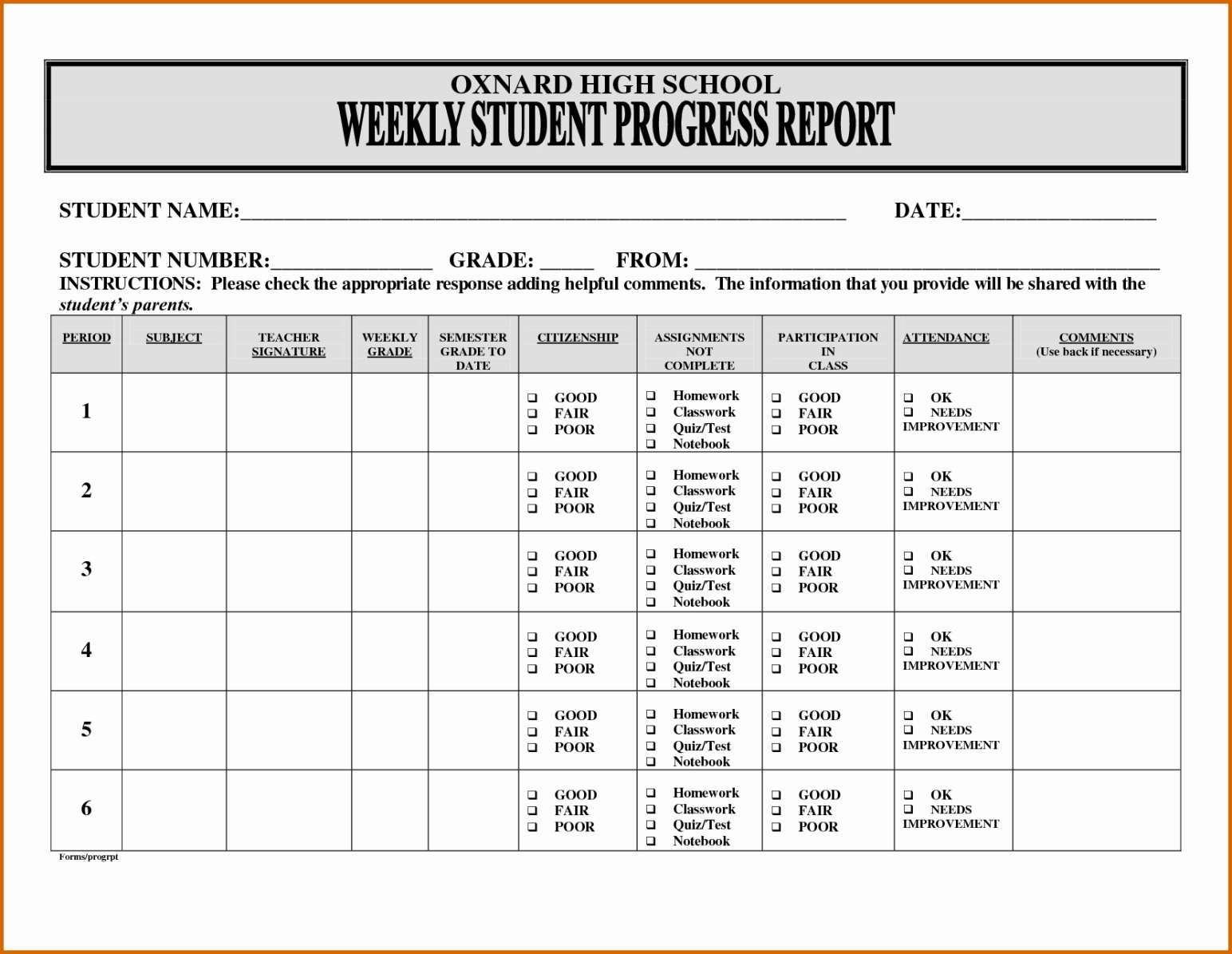 Costum Student Weekly Progress Report Template  Sample